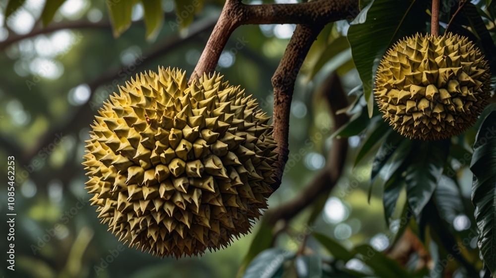 Fresh ripe durian hanging on durian tree branch Fresh ripe durian hanging on durian tree branch