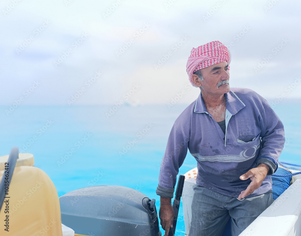 Old Sailor in the Sea Riding and Sailing with his Boat An old sailor with a white with a white mustache who is wearing a Bedouin Scarf on his head Old Sailor in the Sea Riding and Sailing with his Boat An old sailor with a white with a white mustache who is wearing a Bedouin Scarf on his head
