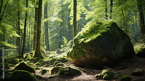 Fototapeta Naklejka Na Ścianę i Meble -  A large boulder surrounded by green plants in a sunlit forest