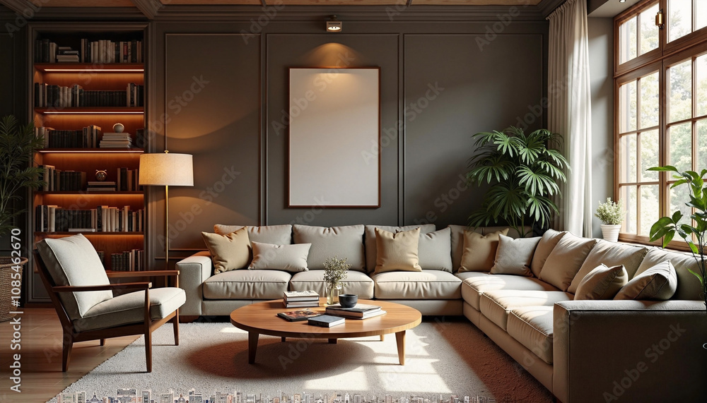 Cozy living room with natural light, comfortable seating, and hints of greenery in a modern home setting Cozy living room with natural light, comfortable seating, and hints of greenery in a modern home setting