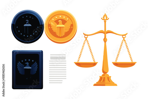 Create a vector background featuring a modern design with various icons representing government documents, seals, and legal paperwork.  Include subtle textures and a clean, professional aesthetic.