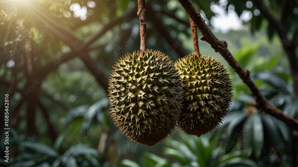 Fresh ripe durian hanging on durian tree branch Fresh ripe durian hanging on durian tree branch