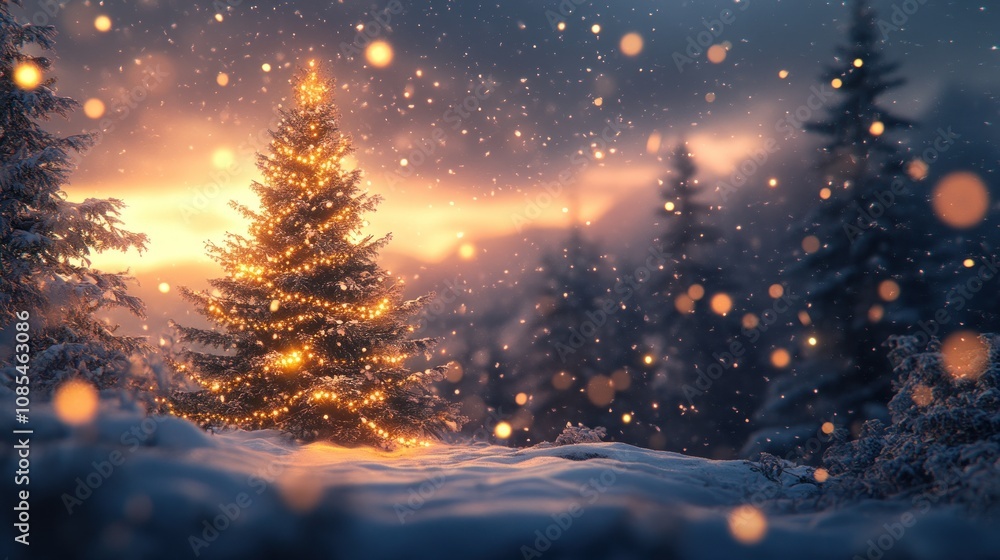 Snowy landscape with a glowing Christmas tree. Snowy landscape with a glowing Christmas tree.