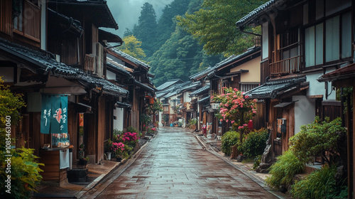 A serene street in a traditional Japanese village is adorned with vibrant flowers and charming shops