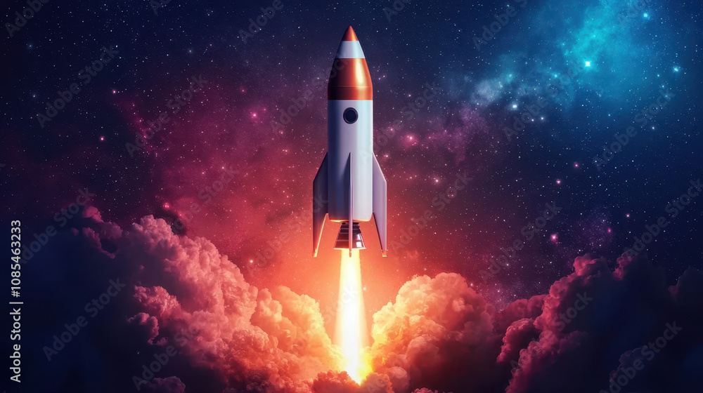 Fototapeta premium rocket astronomy power. rocket soaring through space, surrounded by celestial bodies and clouds