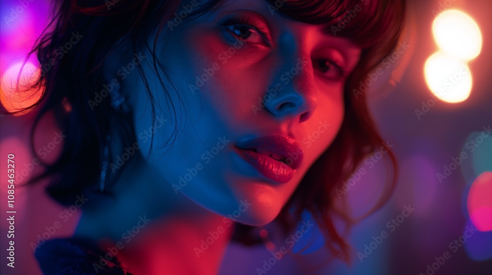 Portrait of a woman with soft features and neon red and blue lighting, surrounded by bokeh and shadows Portrait of a woman with soft features and neon red and blue lighting, surrounded by bokeh and shadows