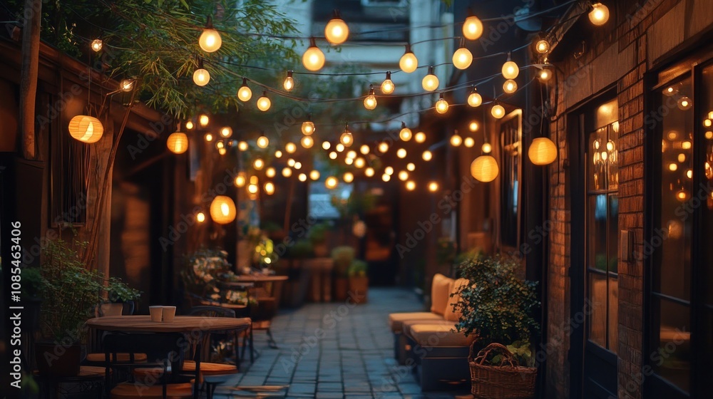 Cozy illuminated alleyway with seating and plants. Cozy illuminated alleyway with seating and plants.