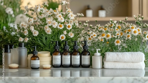 Spa setting with flowers and skincare products.