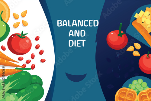 Create a vibrant vector illustration depicting the advantages of a balanced diet, showcasing diverse healthy foods contributing to improved physical and mental well-being.