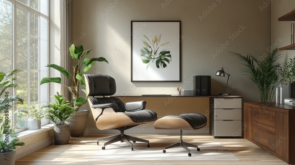 Fototapeta premium Cozy office space with plants and comfortable seating.