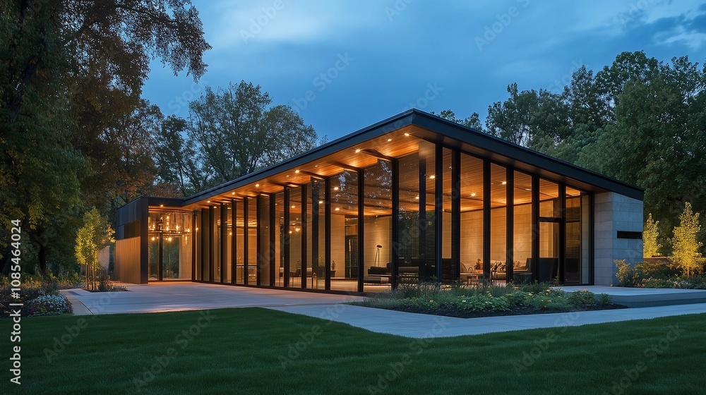 Obraz premium A modern, minimalist building with large glass windows and an open floor plan, surrounded by lush green grass at dusk. The structure is made of concrete walls and wood beams