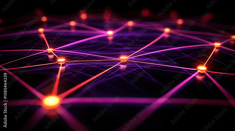 A vibrant, abstract representation of a network, showcasing interconnected nodes with glowing lines in purple and orange hues. A vibrant, abstract representation of a network, showcasing interconnected nodes with glowing lines in purple and orange hues.