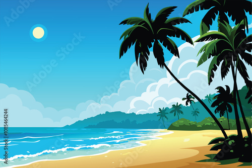 Create a vibrant vector illustration of a tranquil tropical beach scene, featuring a majestic palm tree leaning towards a turquoise ocean under a bright sunny sky.