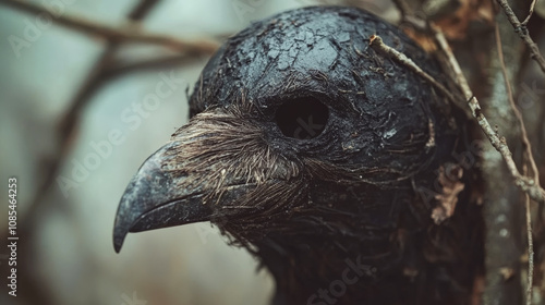 A realistic crow mask is nestled in branches, mimicking the texture of a raven head. Concept of nature-inspired art. For Halloween decoration ideas photo