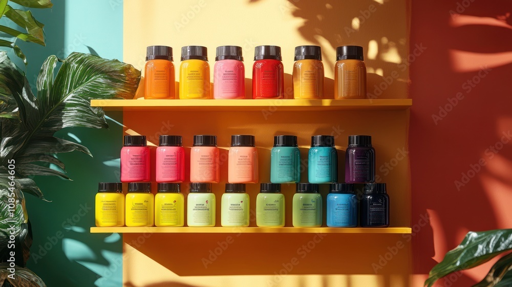 Colorful bottles arranged on a vibrant shelf. Colorful bottles arranged on a vibrant shelf.