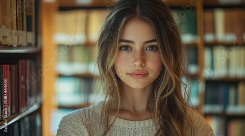 Young woman with long brown hair, standing in a library.