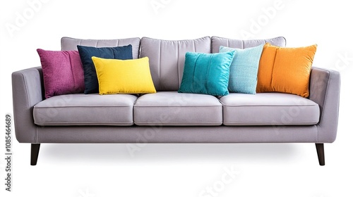 Stylish living room featuring a gray couch with colorful pillows against a clean white background, showcasing modern design elements and a minimalist, cozy atmosphere. 