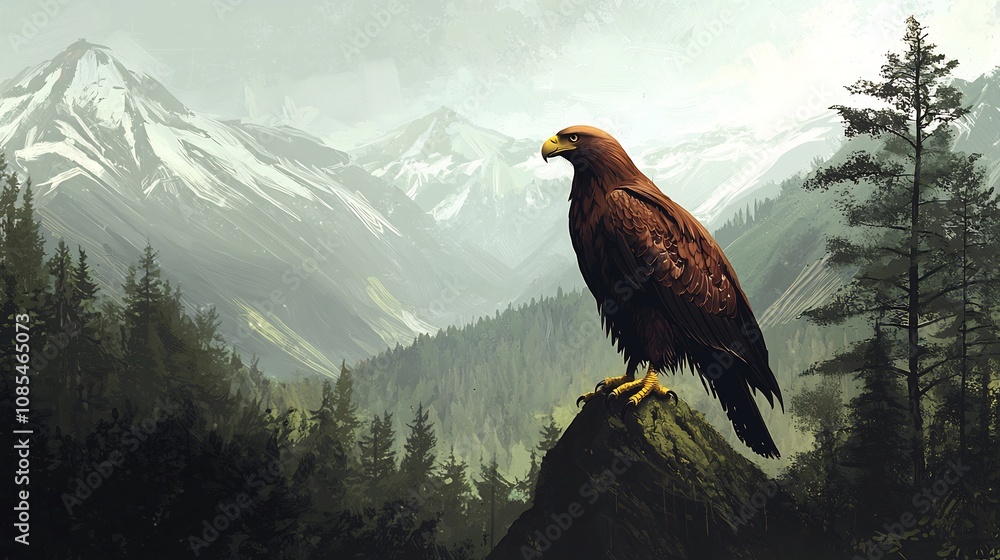 Fototapeta premium Majestic Eagle Perched on Rocky Cliff Overlooking Forested Mountain Landscape