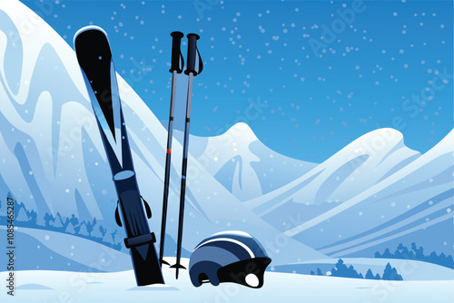 Create a vector illustration of winter sports equipment skis, poles, boots, helmet, goggles, in a vibrant winter color palette.  Include a snowy mountain backdrop.