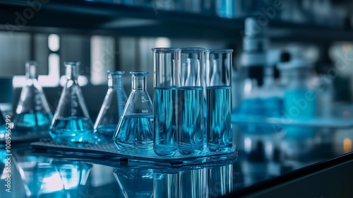 Photograph of glass beakers and test tubes filled with blue liquid, set on the edge of an illuminated laboratory counter in front view. The focus is sharp on each object while blurring out