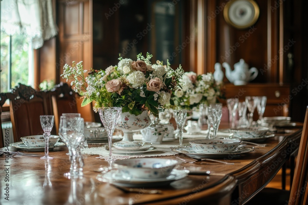 Elegant dining table set with floral centerpiece. Elegant dining table set with floral centerpiece.