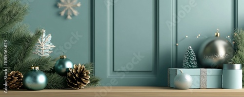 Christmas ornaments and gift boxes decorating a wooden surface with pine branches and turquoise background photo