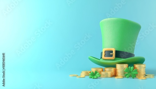 Leprechaun Hat, Gold Coins, and Shamrocks on Blue Background. St. Patricks Day Celebration Concept