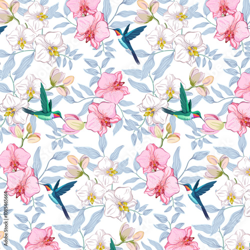 Pattern with hummingbirds and flowers.Vector seamless pattern with bright hummingbirds on colorful orchids.