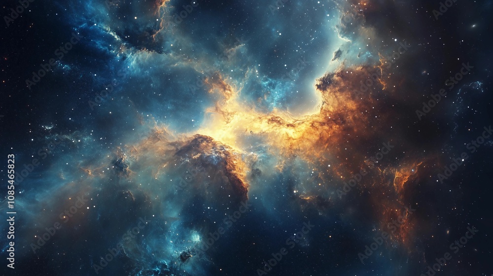 Obraz premium Amazing nebula, blue and orange, space background, stars, high resolution, high quality, high detail, cinematic, taken with a Canon camera, perfect composition, award-winning photograph