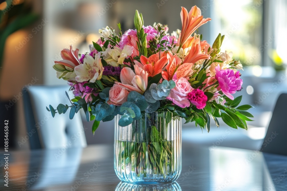 Vibrant floral arrangement in a clear vase. Vibrant floral arrangement in a clear vase.