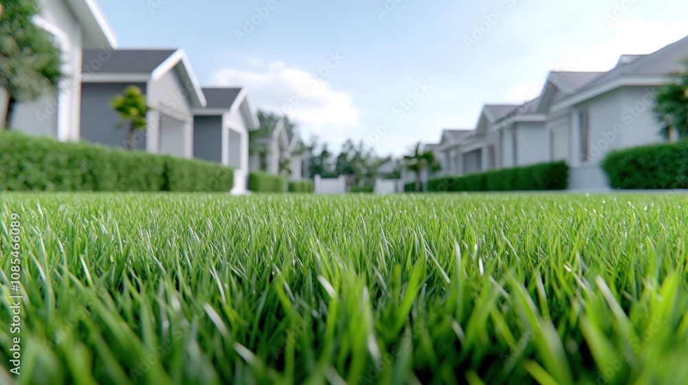 Lush green grass in a residential neighborhood with houses. Lush green grass in a residential neighborhood with houses.