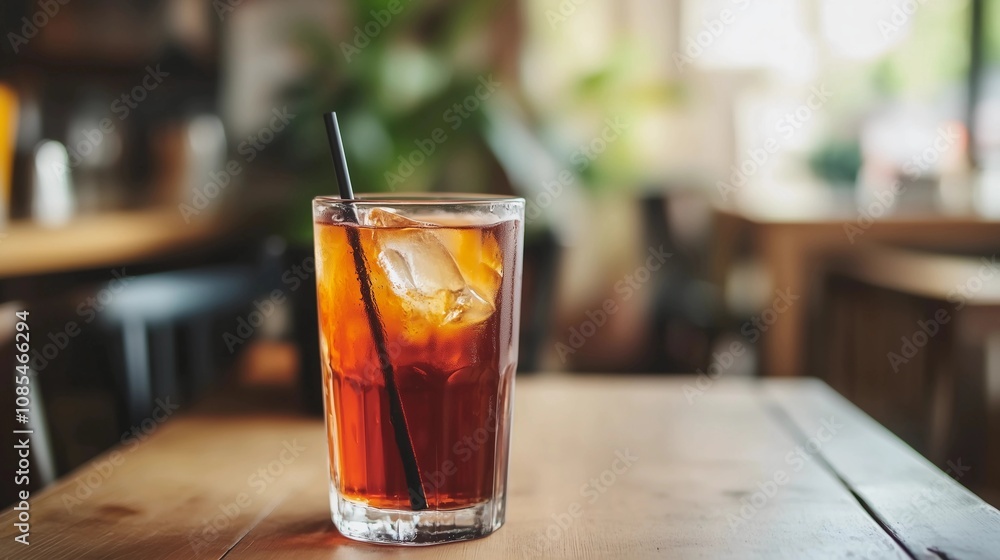 A glass of cold tea with ice cubes and a straw on the table in a coffee shop, with a blurred background. The cup is filled halfway. The liquid drink is a red, black, or brown color, suitable for summe A glass of cold tea with ice cubes and a straw on the table in a coffee shop, with a blurred background. The cup is filled halfway. The liquid drink is a red, black, or brown color, suitable for summe