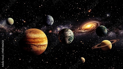 Fototapeta Naklejka Na Ścianę i Meble -  The solar system with all planets and the Milky Way galaxy in space. The sun, planet Earth, Mars, Jupiter, Saturn, Neptune, and the first brown dwarf star