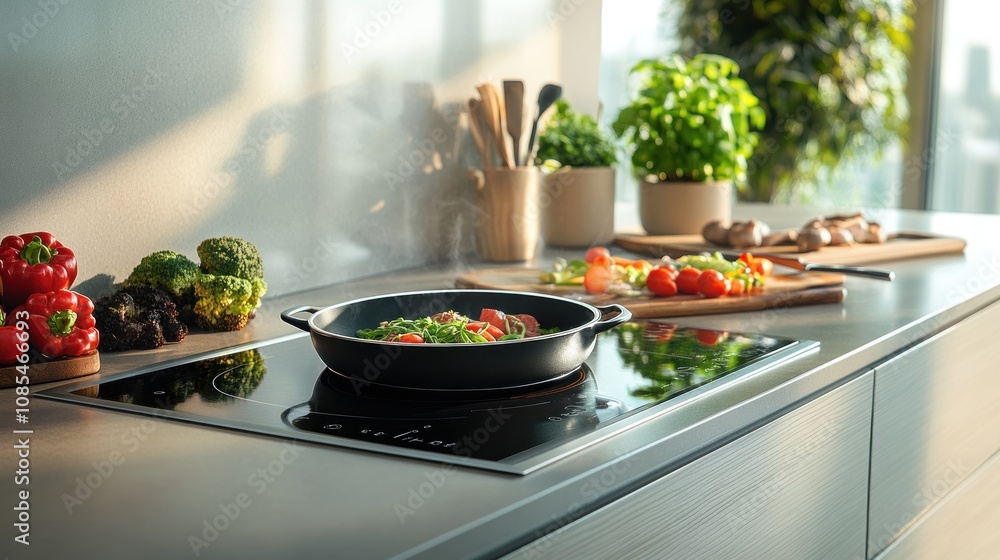 Fresh vegetables cooking in a modern kitchen. Fresh vegetables cooking in a modern kitchen.