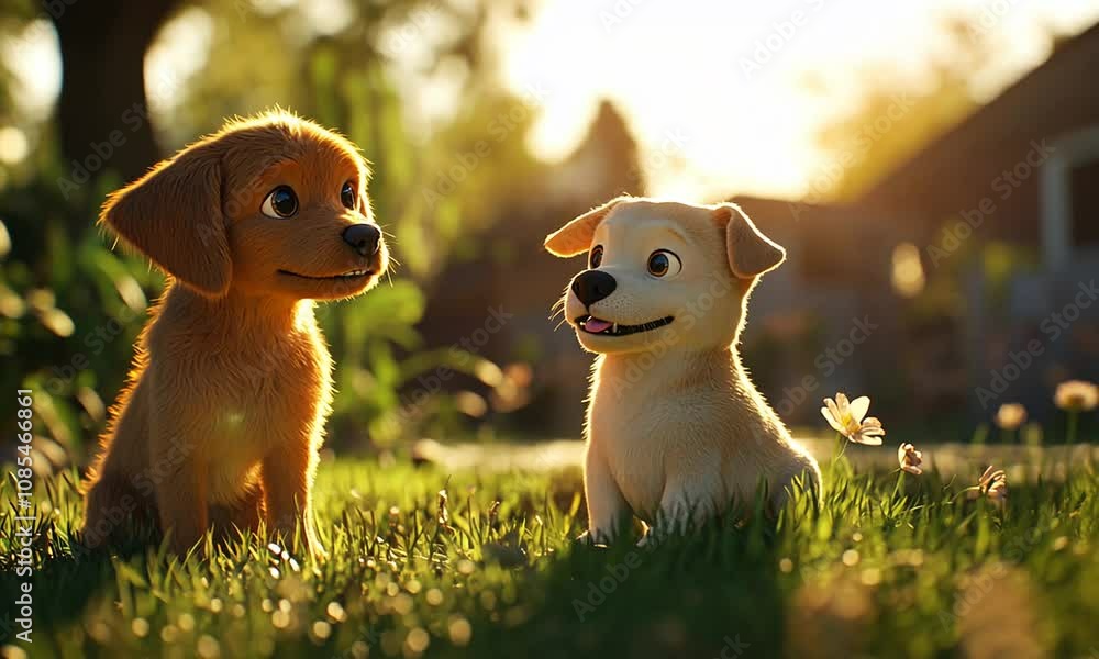 Two cartoon dogs sitting in a grassy field at sunset Stock Video ...