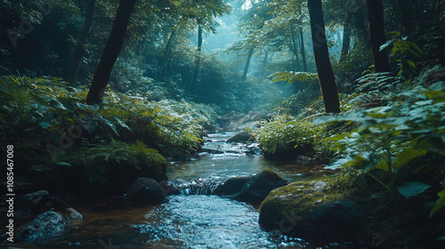 A tranquil stream flows through a lush green forest at dawn with soft light filtering through trees