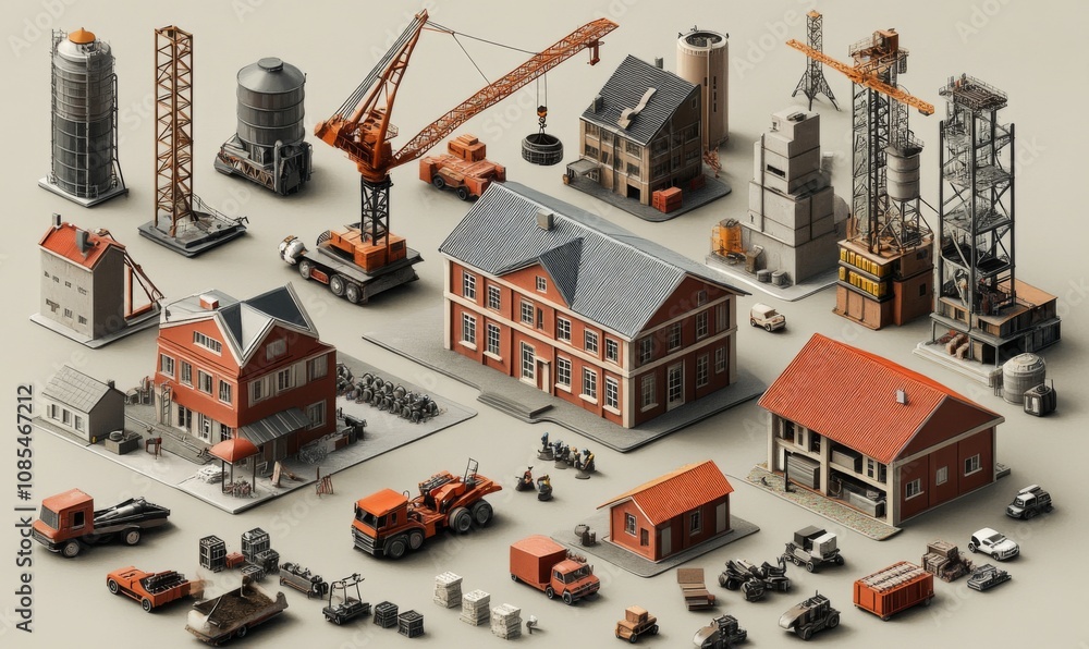 An industrial set of 3D isometric projections includes dimensional houses, buildings, cranes, cars, and other design elements necessary for creative designers An industrial set of 3D isometric projections includes dimensional houses, buildings, cranes, cars, and other design elements necessary for creative designers