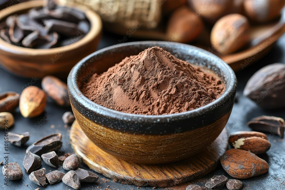 Top-down view of rich dark cocoa powder, finely sifted, showcasing its clean and sharp texture for an elegant presentation. Top-down view of rich dark cocoa powder, finely sifted, showcasing its clean and sharp texture for an elegant presentation.