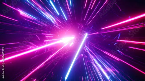 looping 3d animation, abstract ultraviolet background of pink blue neon lines sliding from left to right and back. Flashing lights and gliding particles leaving glowing trails. Power jet