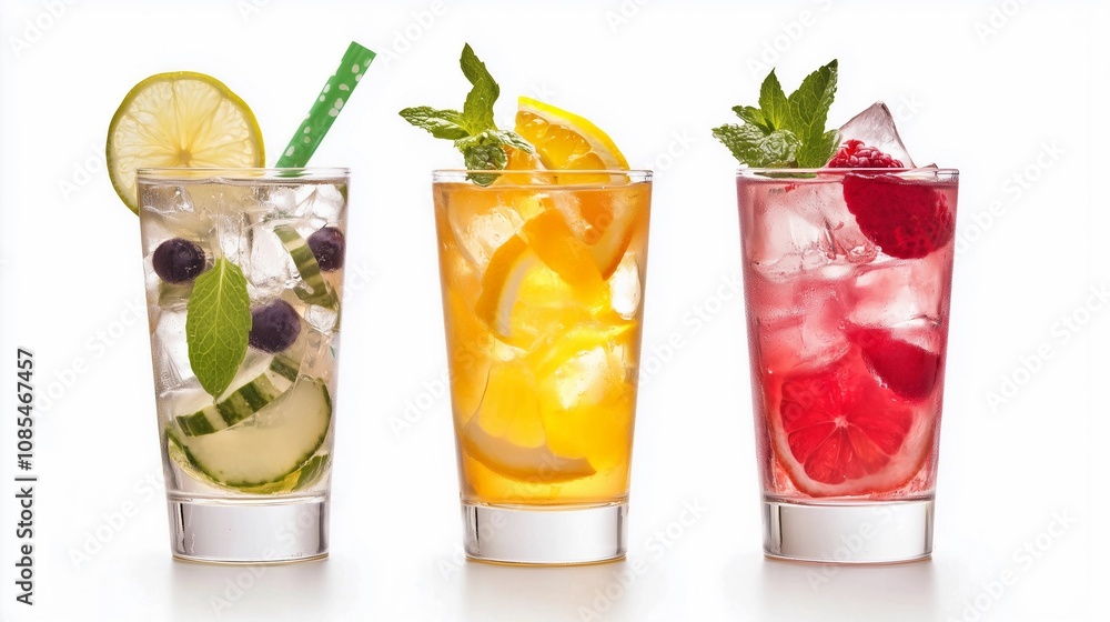Fruit and herbal tea drinks in tall glasses, isolated on a white background. The clear glass contains ice cubes, fruit garnishes, and mint leaves for decoration. A green straw is included Fruit and herbal tea drinks in tall glasses, isolated on a white background. The clear glass contains ice cubes, fruit garnishes, and mint leaves for decoration. A green straw is included