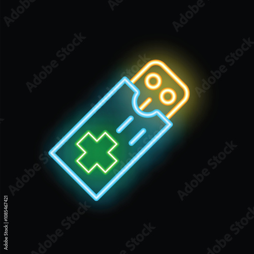 Colorful neon icon representing a medical prescription blister pack, glowing on a dark background