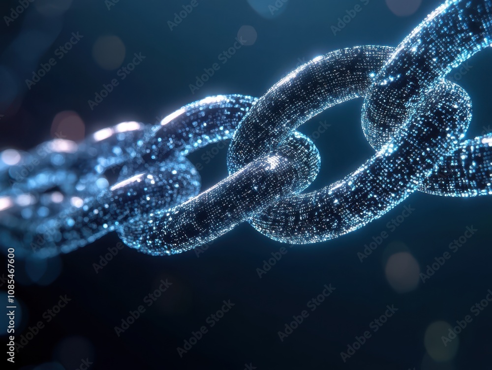 Abstract digital chain, glowing blue links interconnected, dark background. Represents data security, blockchain, or connection. Abstract digital chain, glowing blue links interconnected, dark background. Represents data security, blockchain, or connection.