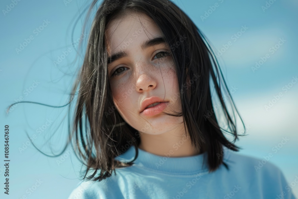Pretty joyful female with fair hair, dressed casually in blue clothes matching with color of her eyes. Neural network ai generated art Pretty joyful female with fair hair, dressed casually in blue clothes matching with color of her eyes. Neural network ai generated art