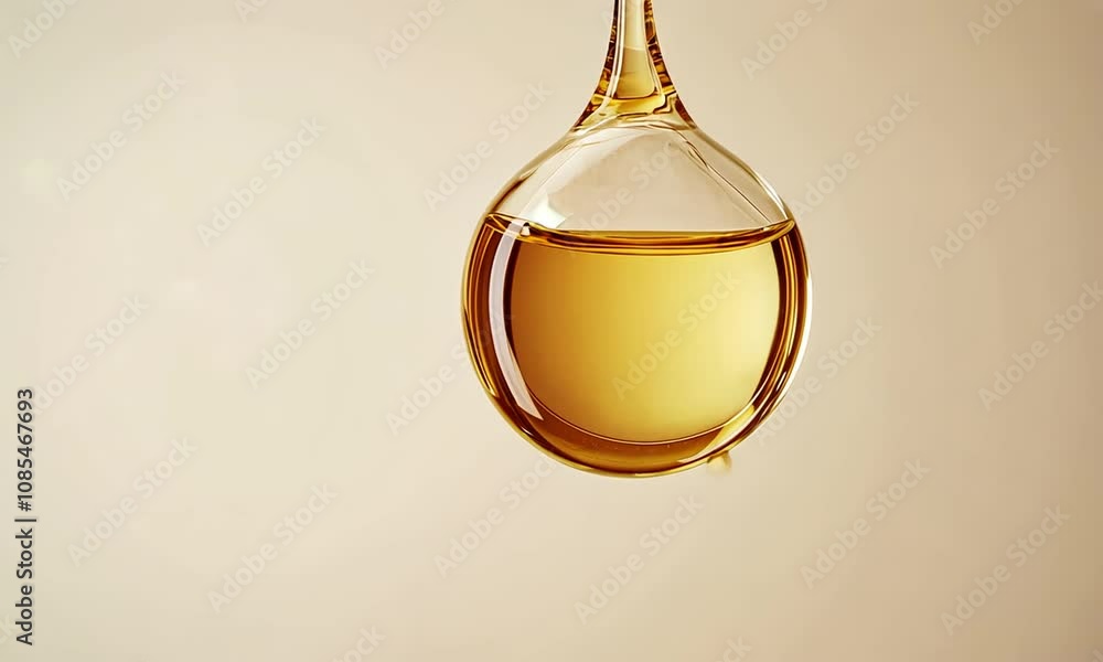 A Single Drop of Golden Liquid Hanging from a Glass Pipette A Single Drop of Golden Liquid Hanging from a Glass Pipette