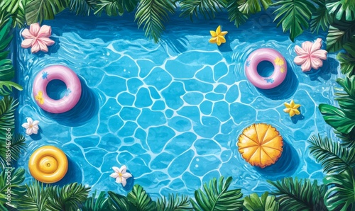 Enjoy summer fun with inflatable toys floating on the surface of the pool in this top-view illustration