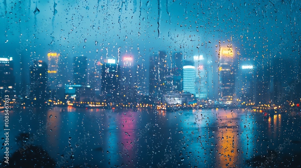 Obraz premium Rainy City Skyline Seen Through a Reflective Window at Night