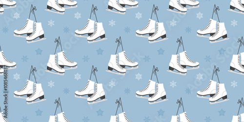 Winter seamless pattern with figure skates and snowflakes. Christmas background, holiday print