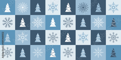Winter seamless pattern with Christmas trees and snowflakes in blue tones. Christmas geometric background. Minimalist style, holiday design template