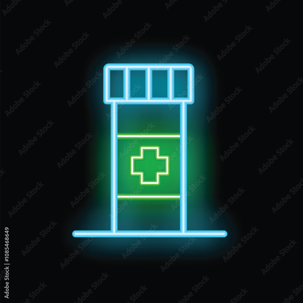 Glowing neon line icon of a medicine bottle with pills, isolated on black, for medical and healthcare concepts Glowing neon line icon of a medicine bottle with pills, isolated on black, for medical and healthcare concepts