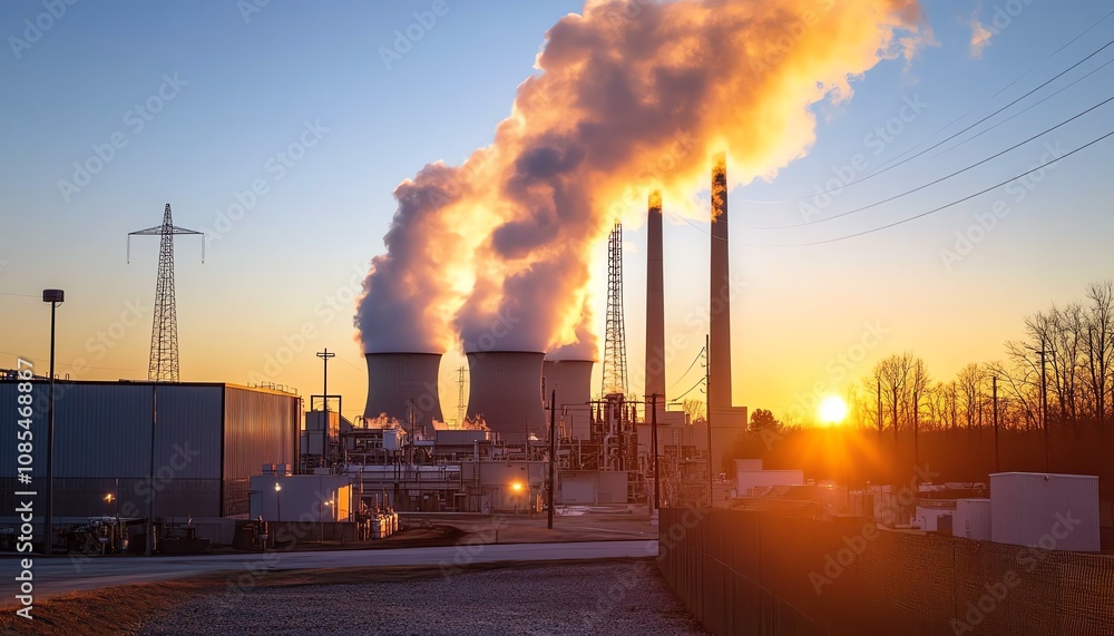 Industrial power plant at sunset. Industrial power plant at sunset.